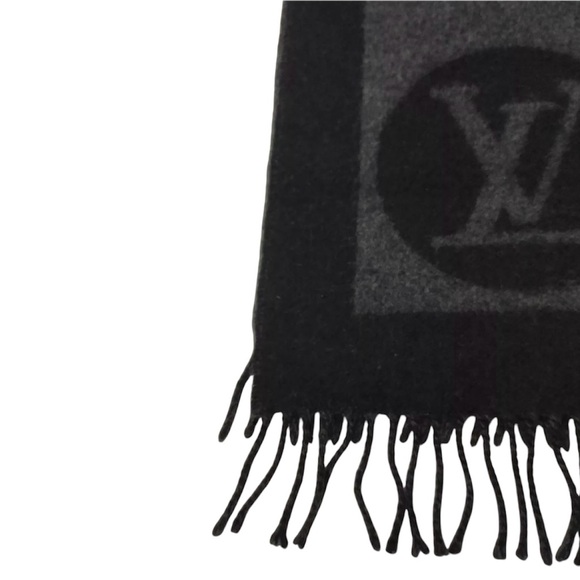 Authentic Louis Vuitton Gray Black Cashmere LV Monogram Baroda Scarf Stole Wrap - Picture 5 of 11